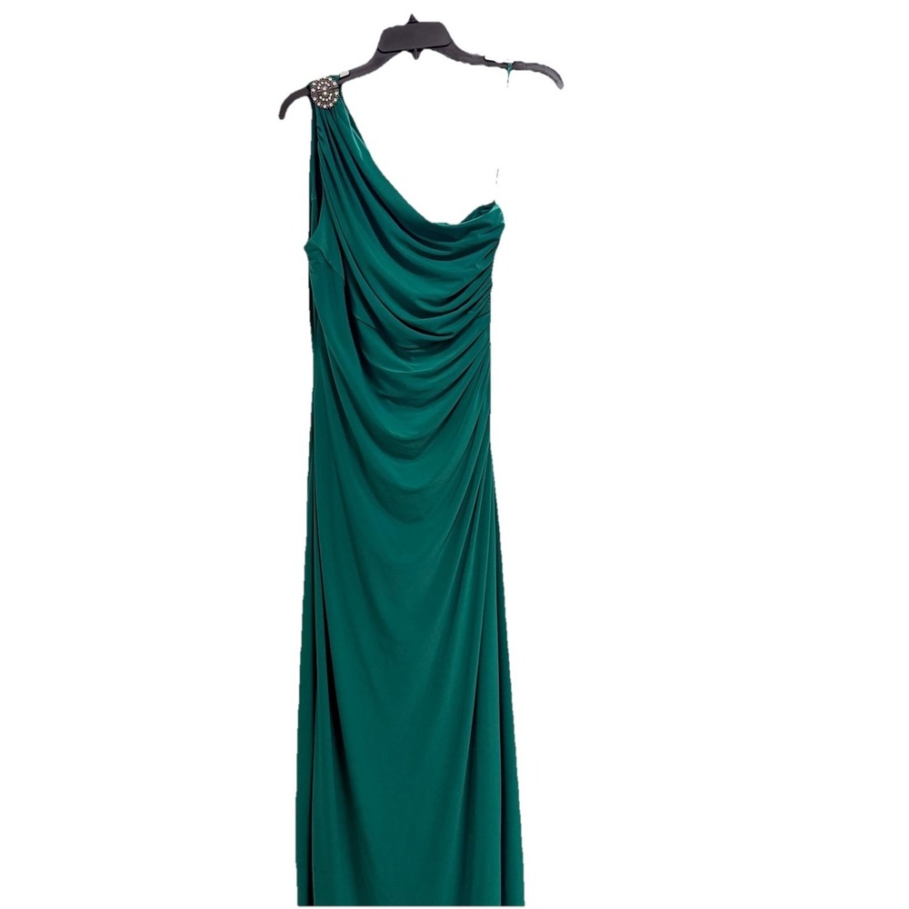 Lauren Ralph Lauren Evening Gown Petite 12P Green One Shoulder Ruched Jewel Gown